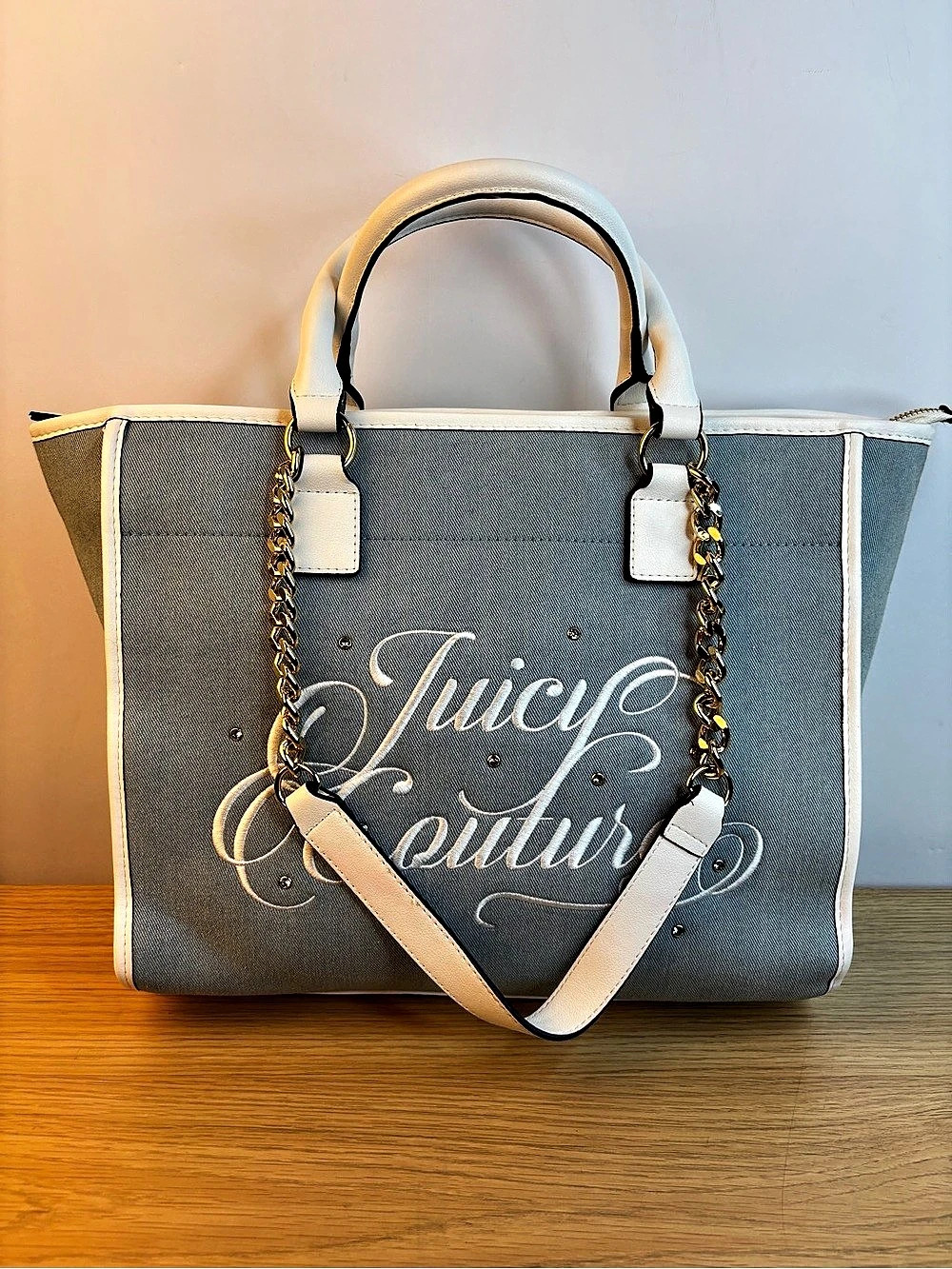 Juicy Couture Blue Denim & White Logo Tote Bag NWOT